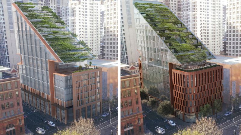 two images side by side showing slight differences between the hotel planned for 136 Hay Street, Haymarket. It has a rounded brick podium and a modern-glass upper levels forming a triangle shape covered in greenery.