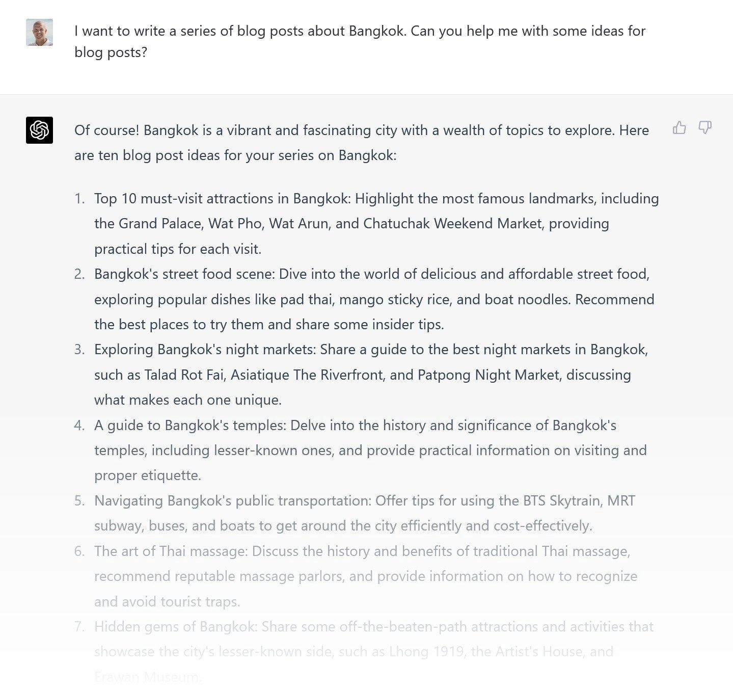 Prompting ChatGPT for ideas on blog posts for Bangkok