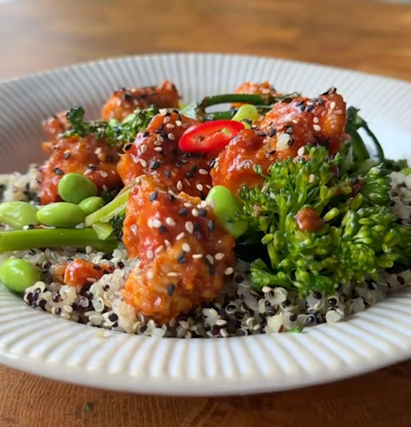 spicy salmon power bowl on quinoa