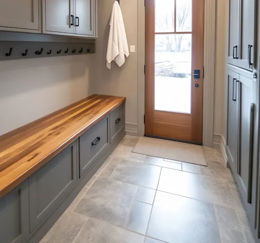 Image d’une entrée de vestiaire avec un banc intégré.