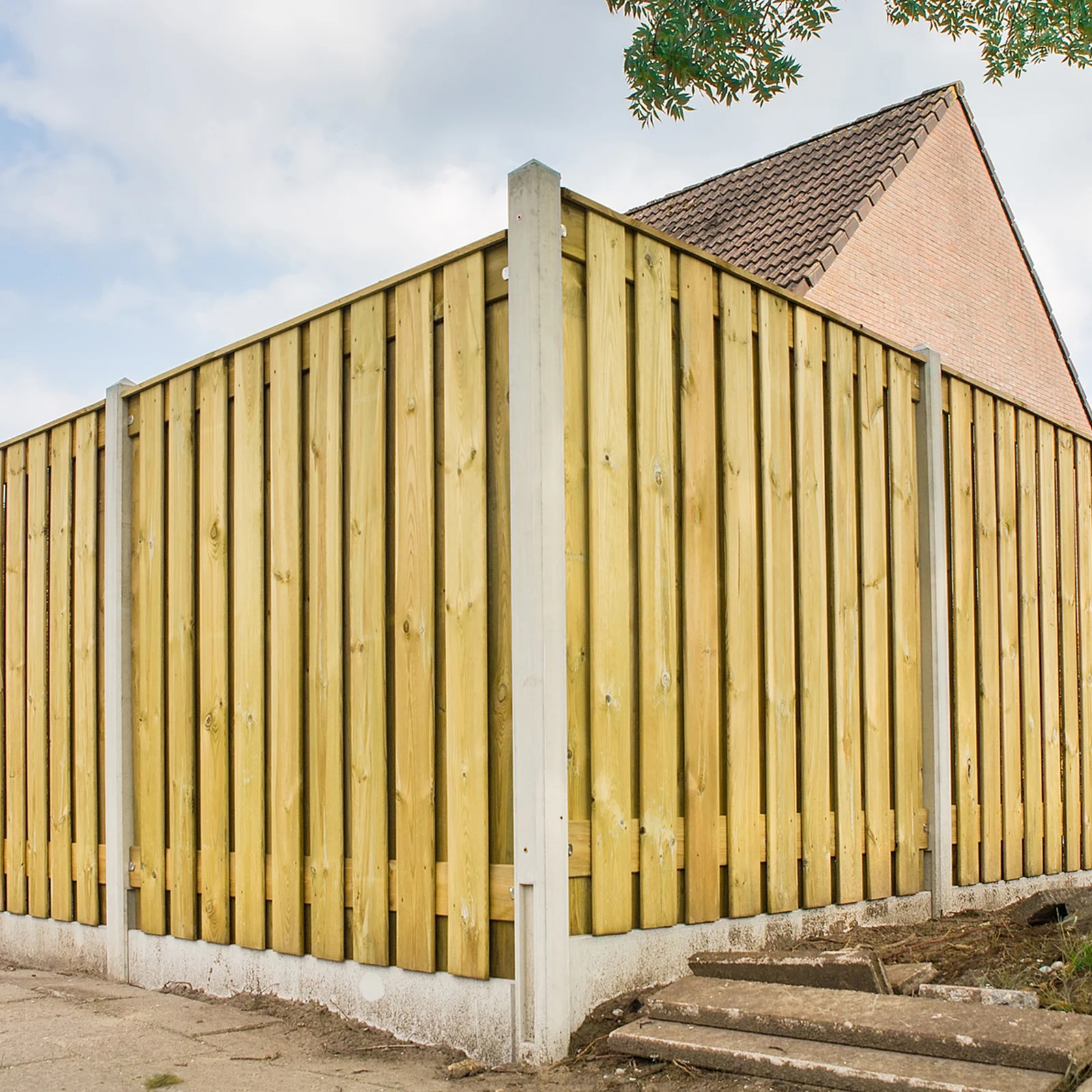 A pressure-treated wood fence