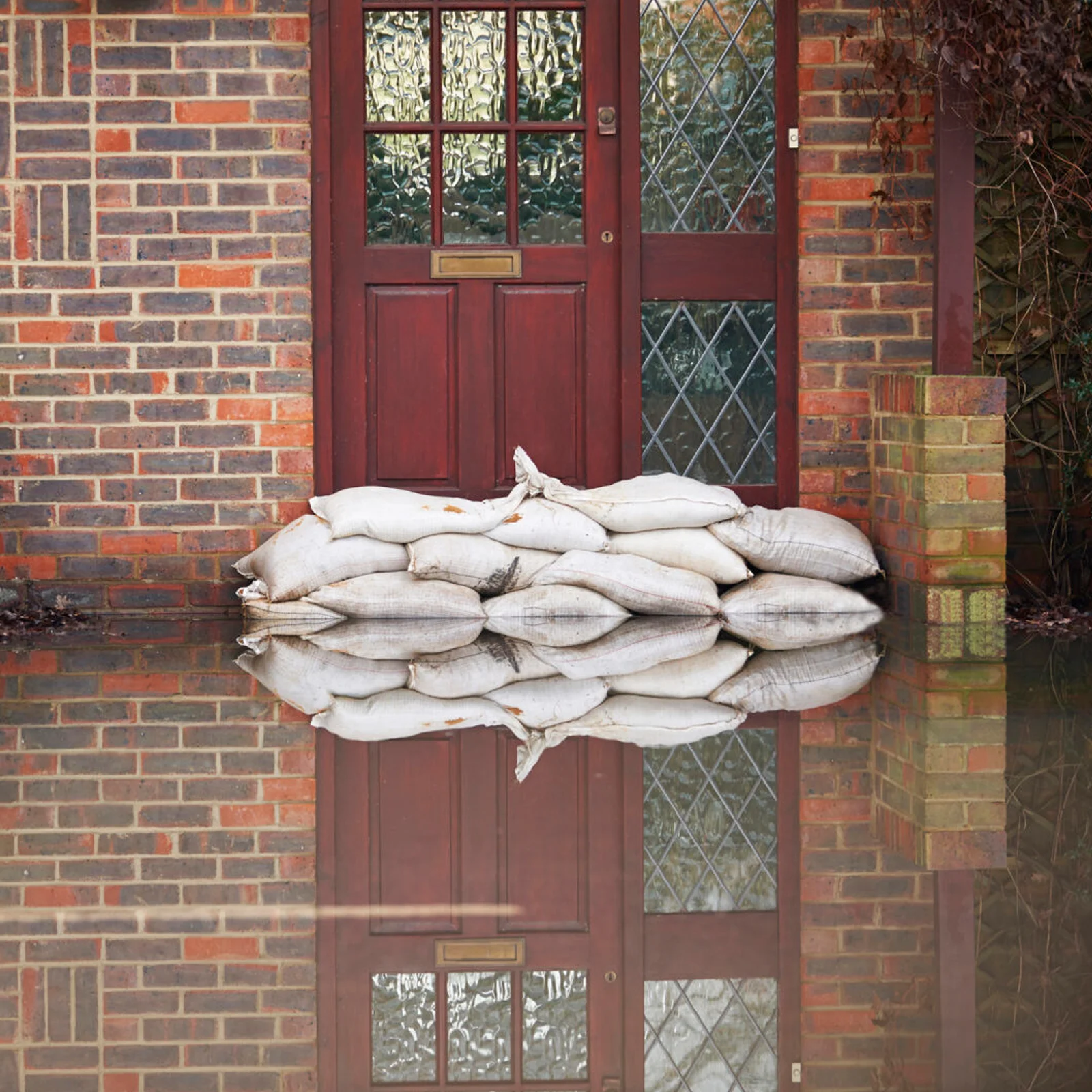 Maison inondée, avec des sacs de sable devant la porte d’entrée