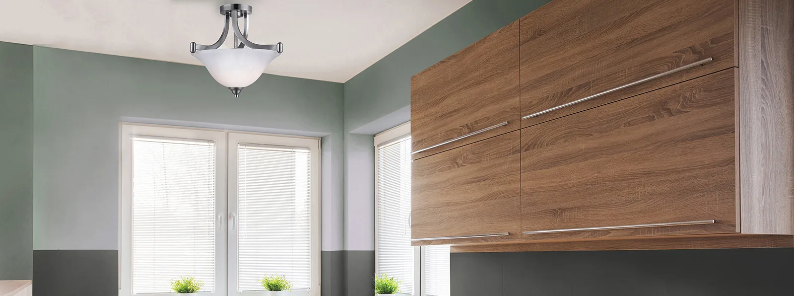 A kitchen with a semi-flush mount light