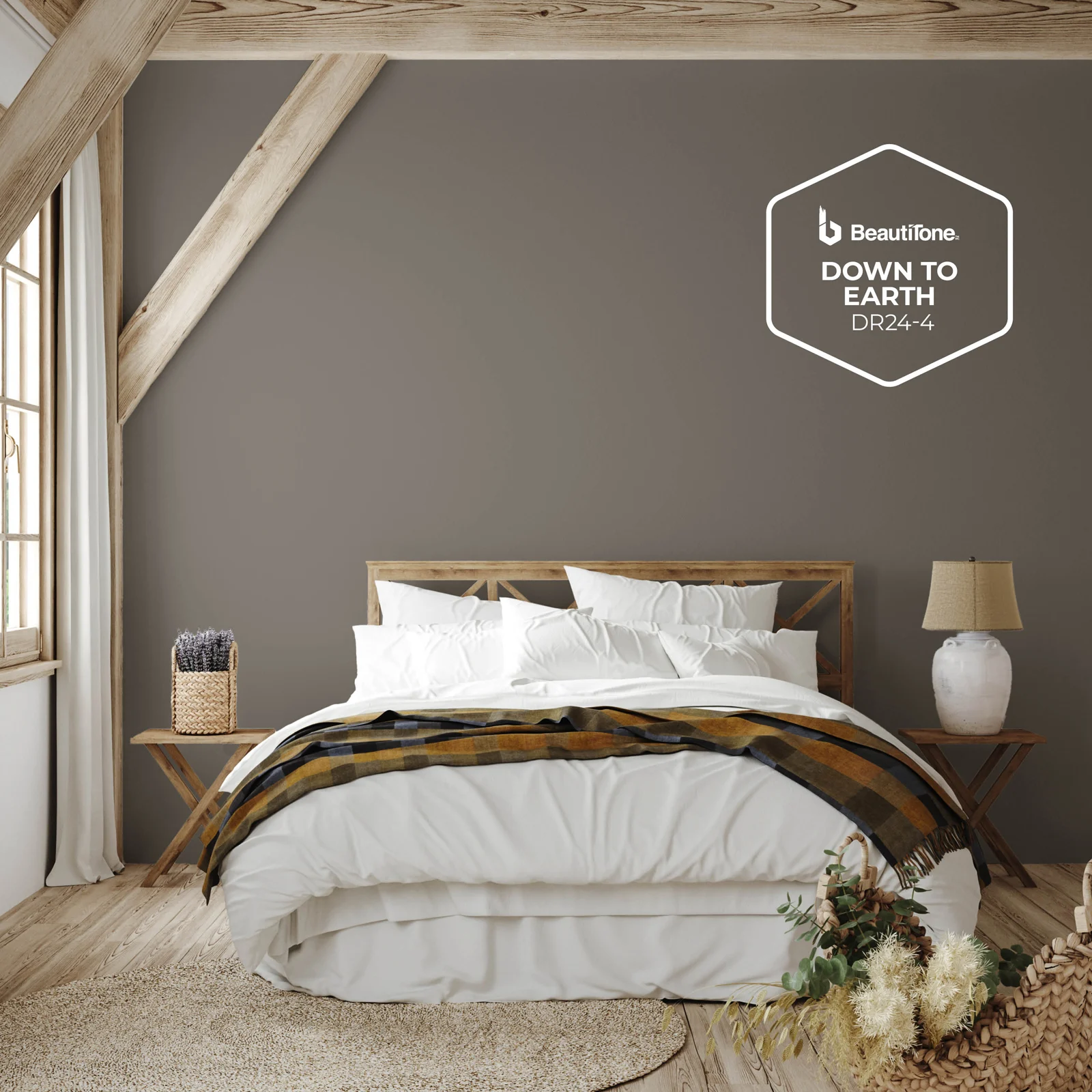 Earthy, warm grey on bedroom wall