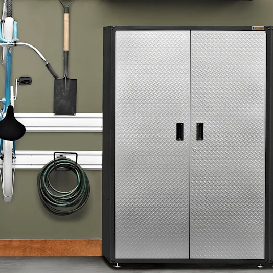 A lockable cabinet in a garage