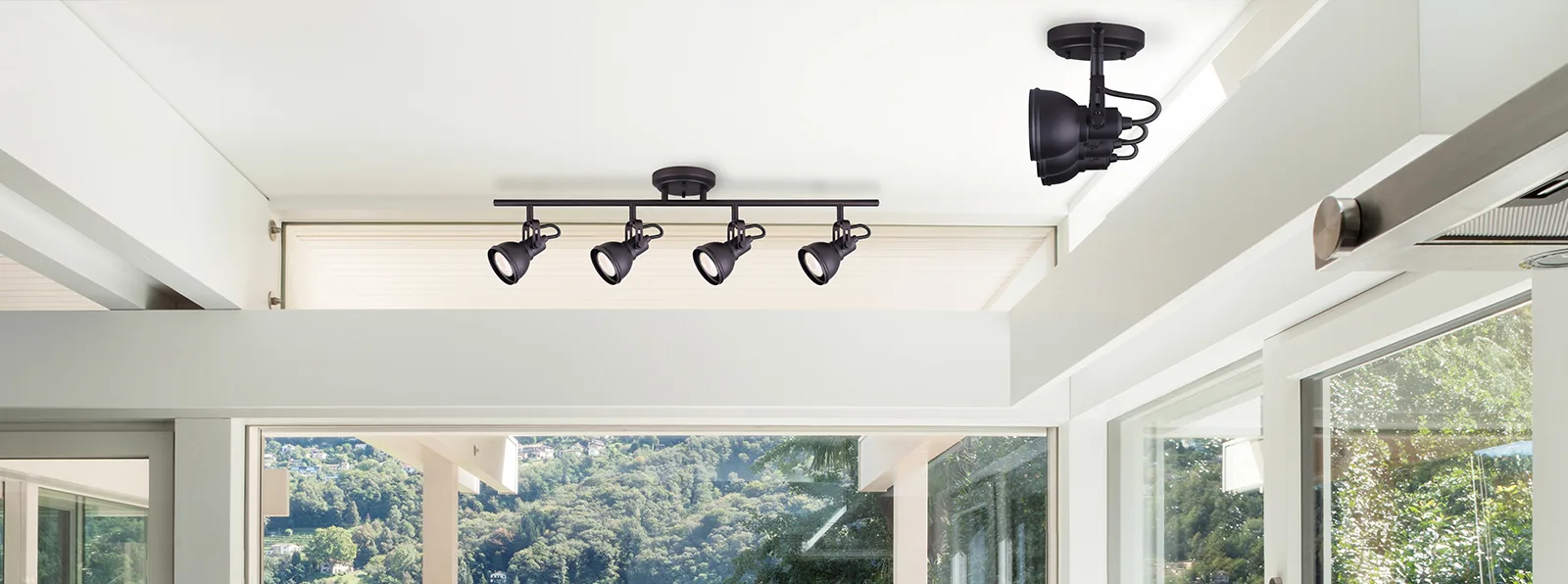 A kitchen with track lighting