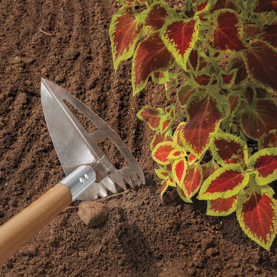 Someone hoeing a garden.