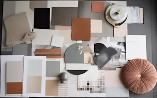 Image of a home décor mood board showing a variety of textures and a colour scheme.