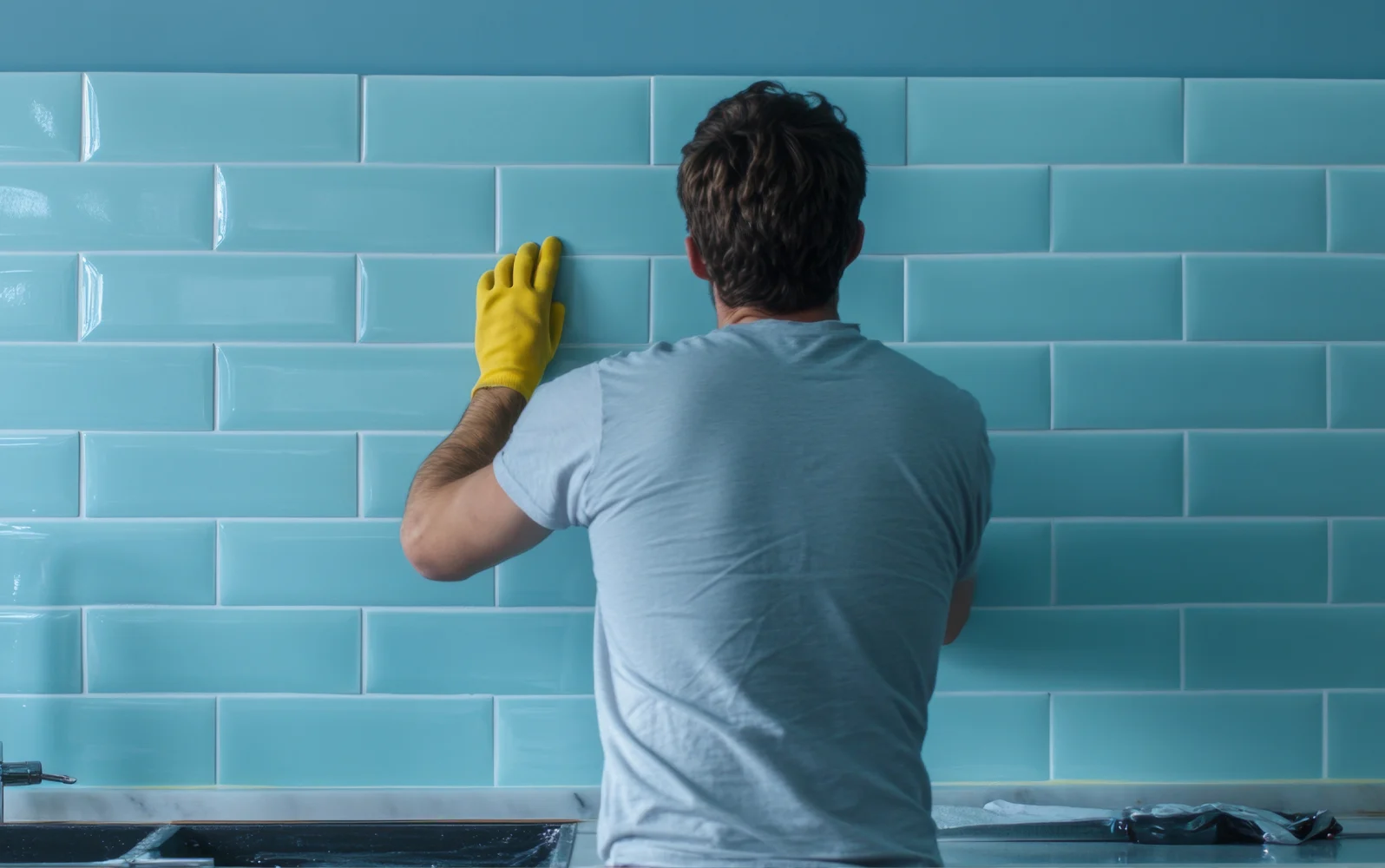 Image of a man installing a kitchen backsplash.