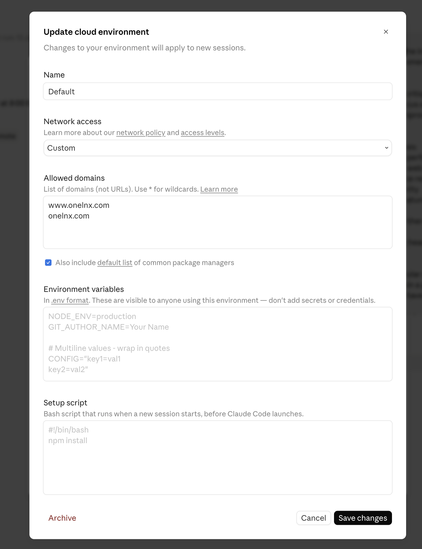 Claude: Create new environment