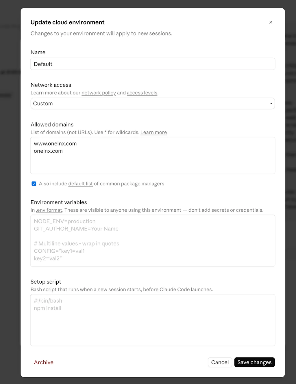 Claude: Create new environment