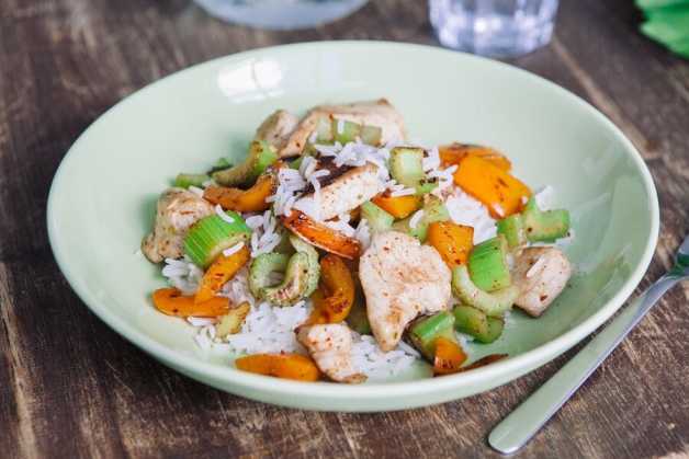 Chicken with rice, celery and carrots