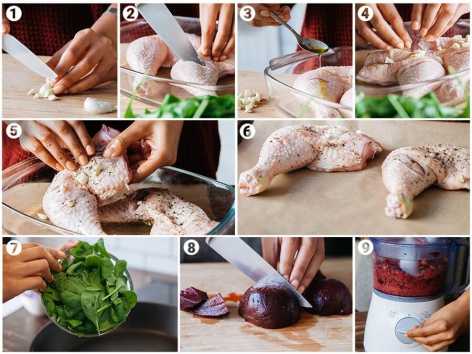 garlic chicken with beet mash and wilted spinach how to make recipe