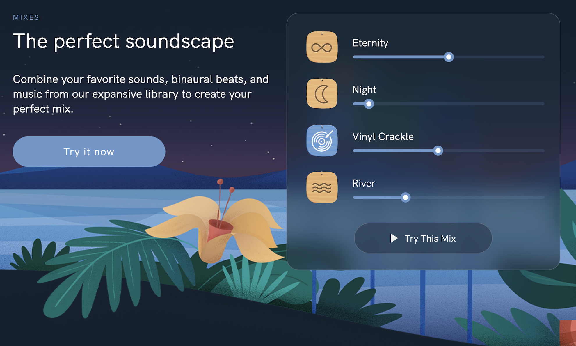 Screenshot of Relax Melodies' sound mixer on desktop