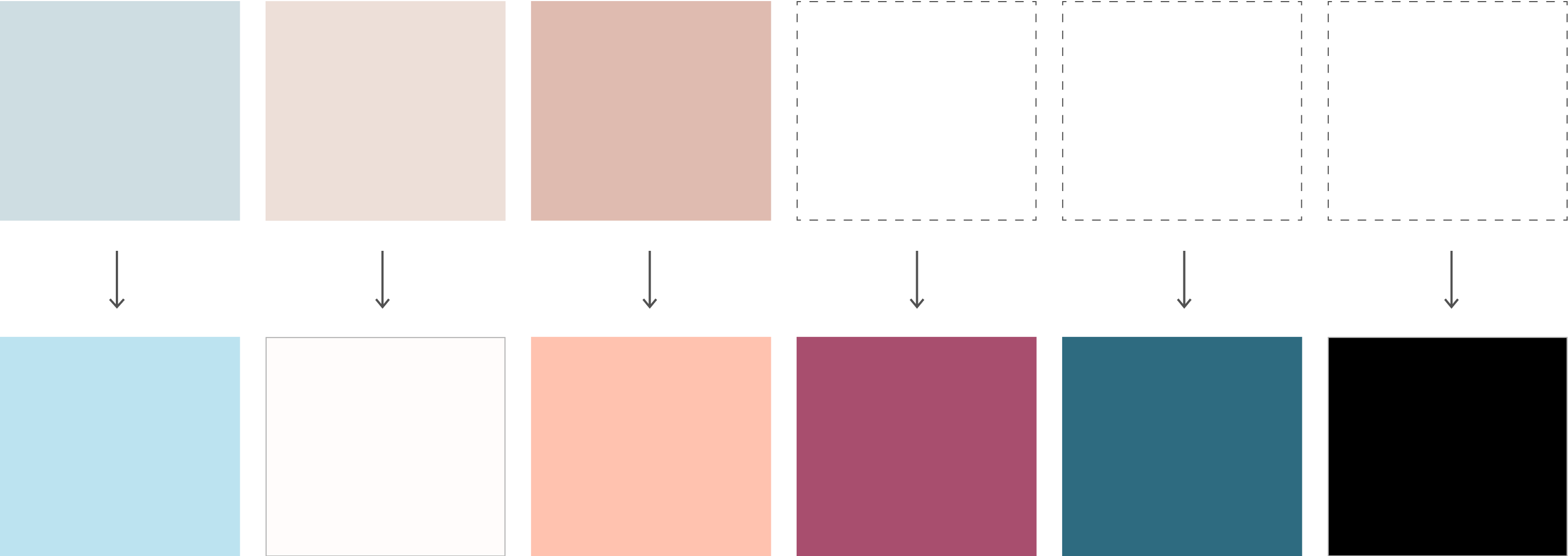 A row of CMYK color swatches with a row of arrows pointing from each to a row of corresponding RGB color swatches