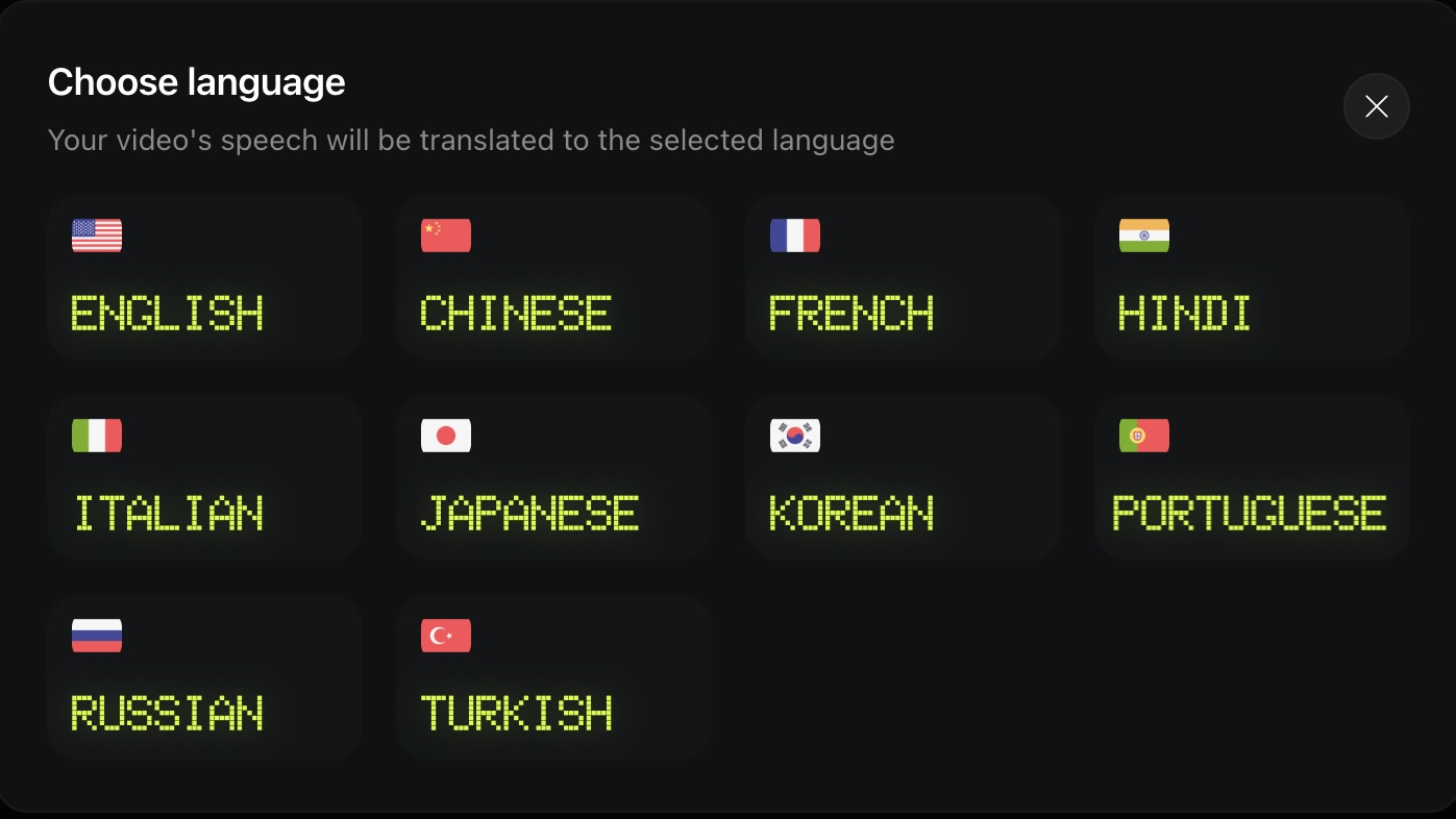 the image shows the assortment of languages for audio translation: russian, english, hindi, chinese, french, italian, japanese, korean, portuguese, turkish