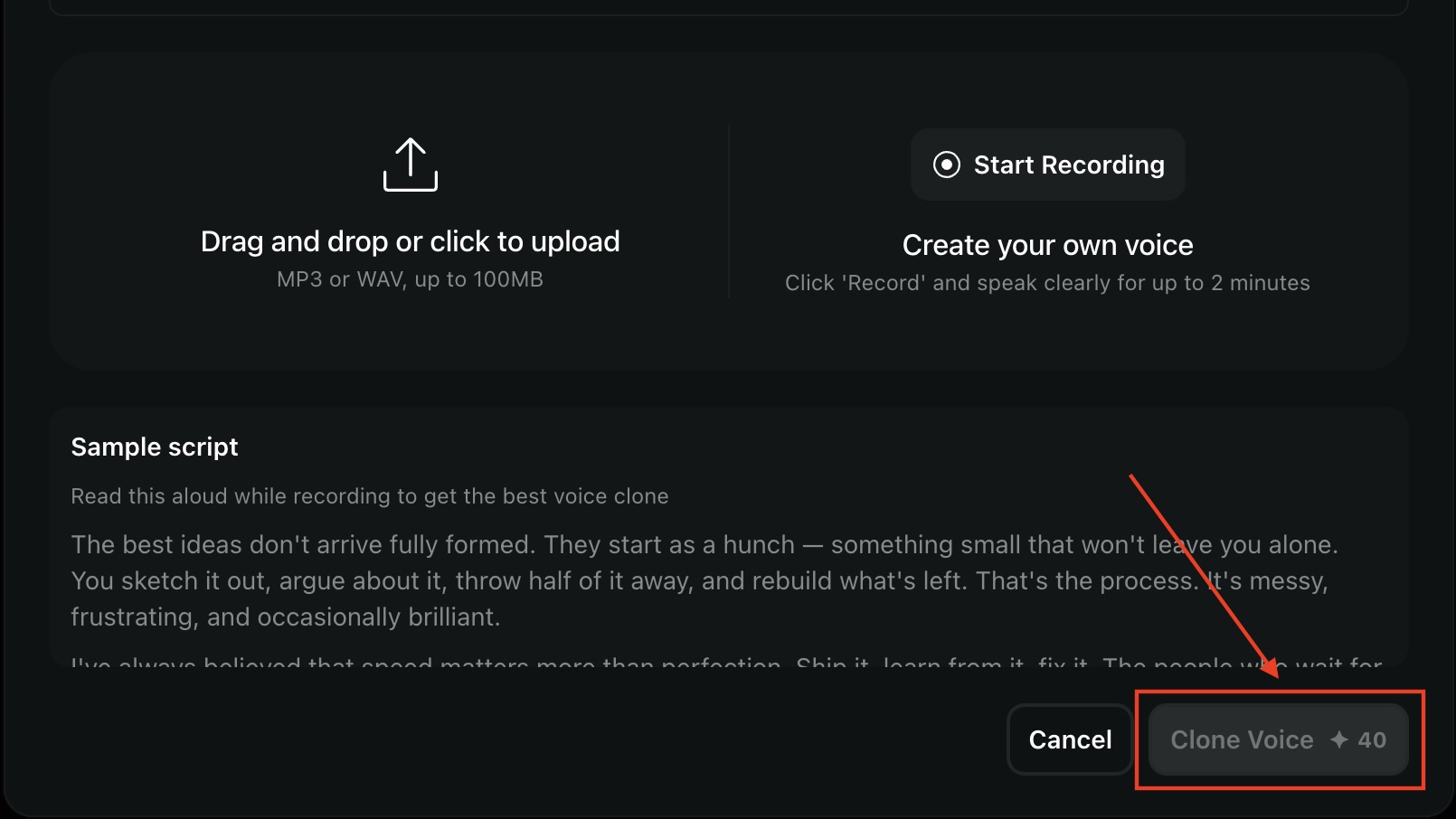 the image shows where a user can find the clone voice button