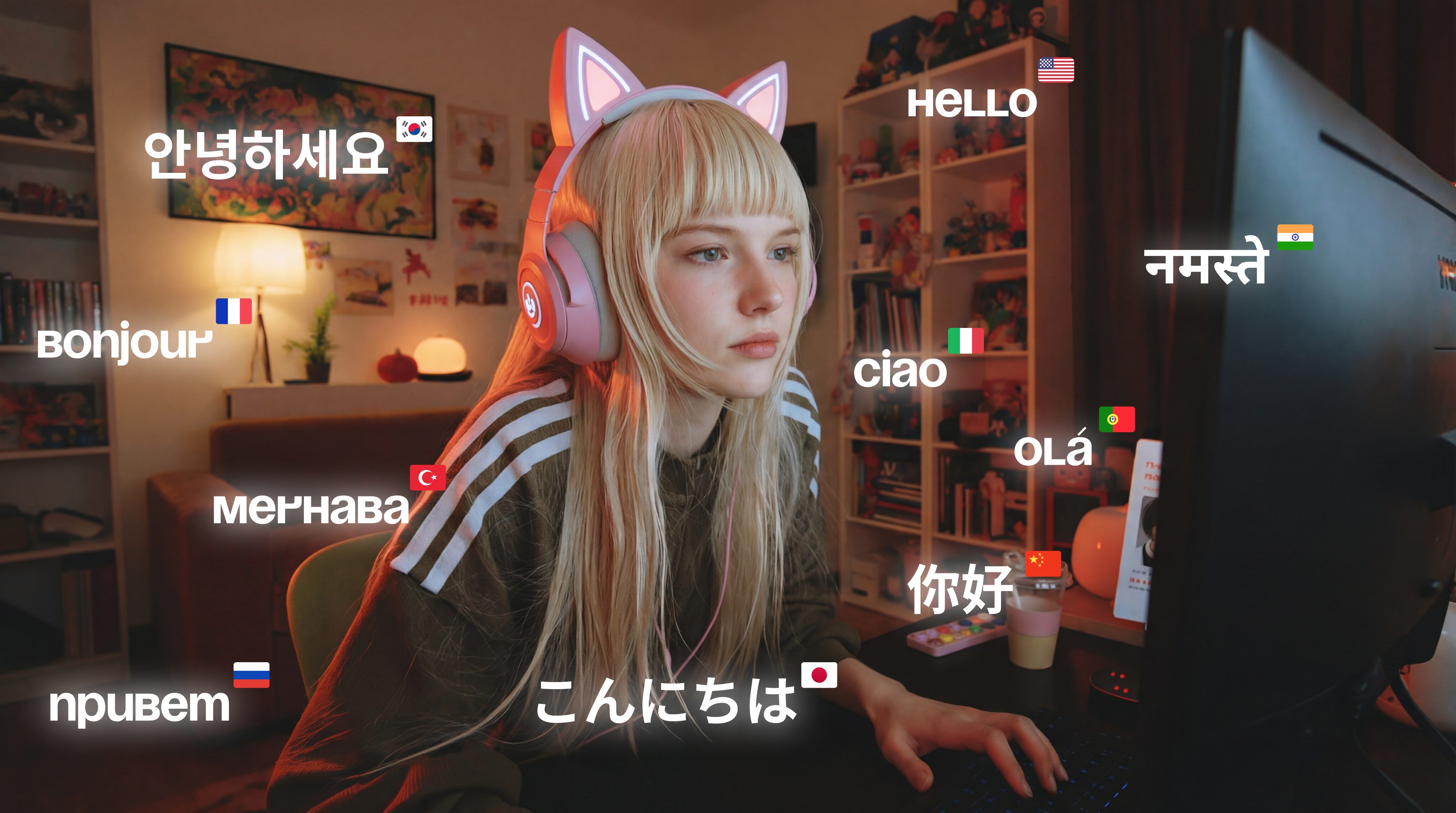 A high-quality, cinematic shot of a young girl with blonde hair and bangs sitting at a computer desk in a cozy, dimly lit bedroom. She is wearing pink cat-ear gaming headphones with glowing LEDs. Her face is illuminated by the soft blue light of a computer monitor. Floating in the air around her are various white greeting words in different languages (such as