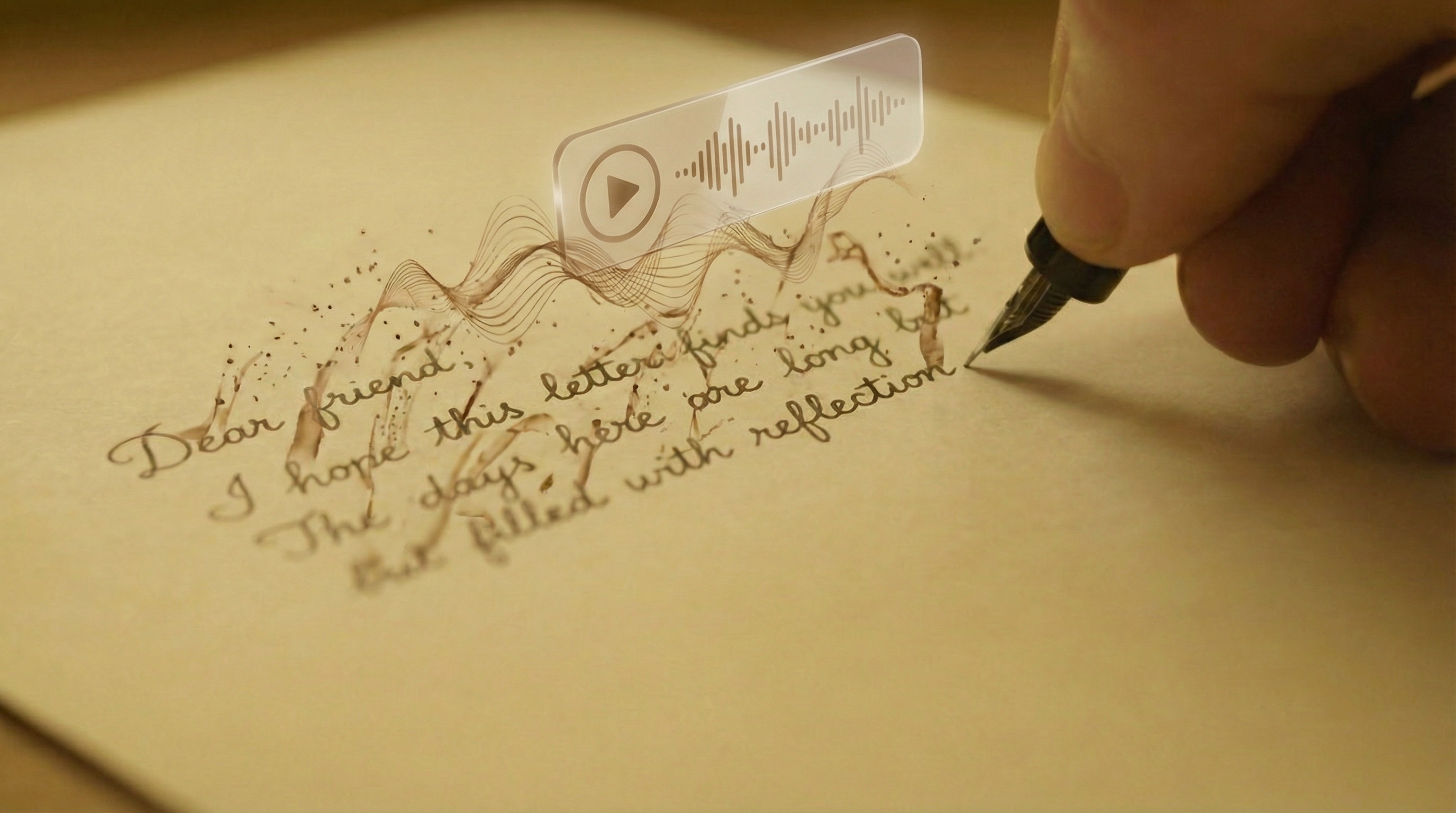 A macro photograph with a shallow depth of field captures a hand holding a vintage fountain pen, actively writing cursive words in sepia ink on a sheet of textured, aged parchment paper. The text reads: