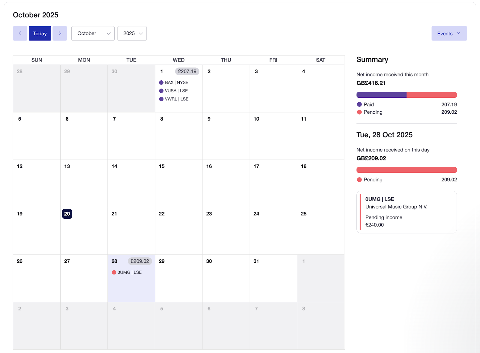 Dividend income calendar Sharesight