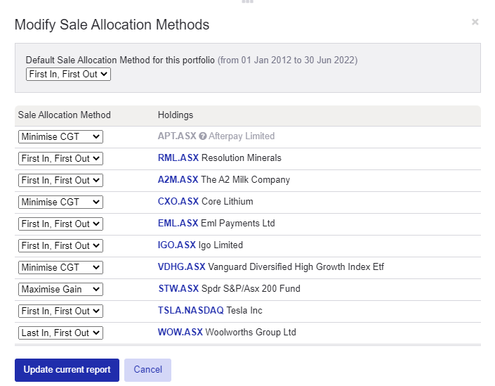 Sale allocation methods CGT report
