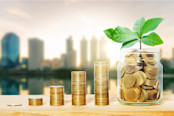 green plant growing on golden coin in glass jar on wood table