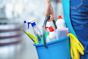 a bucket of cleaning products
