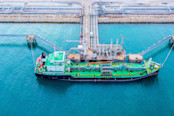 Aerial view of oil tanker ship loading in port
