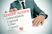 man in suit showing a signboard with the different ranges of the credit score