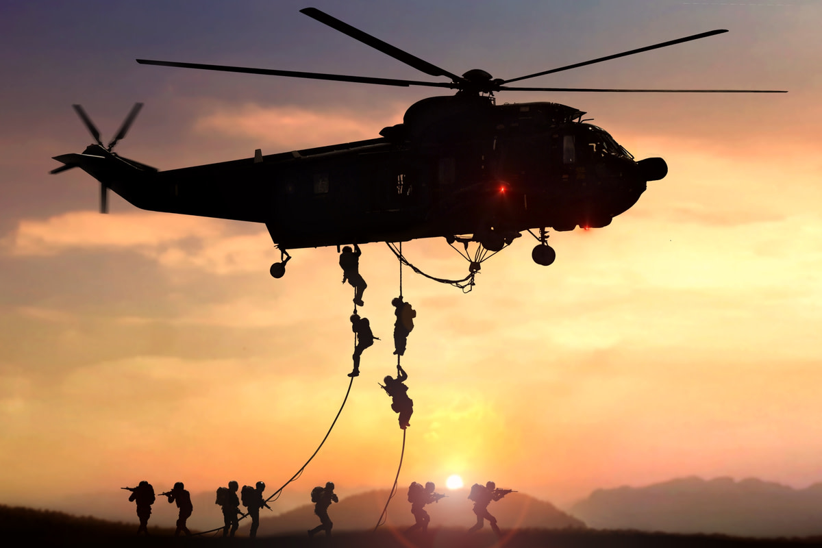 Military commando helicopter drops