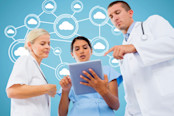 doctors discussing over digital tablet with cloud computing icons