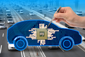 The hand of a man holding a chip with tweezers in a car illustration