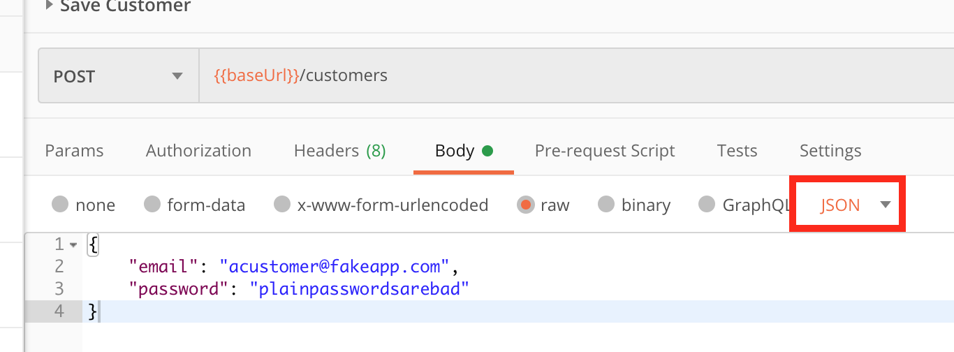 email and password json payload