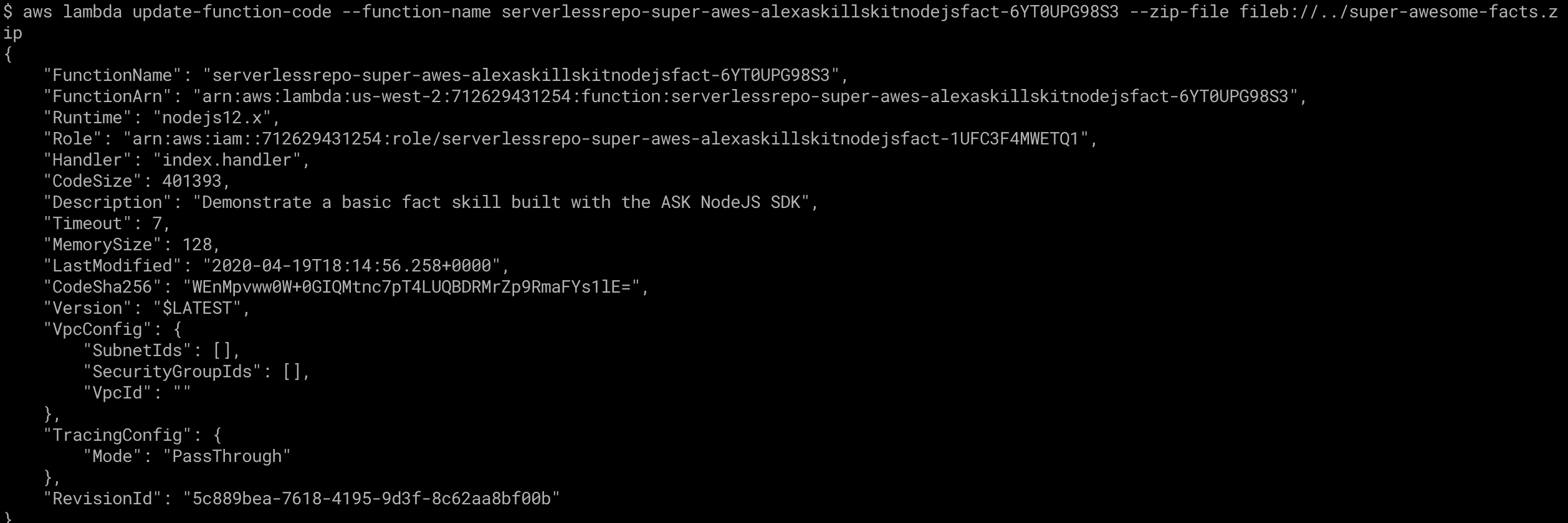 Confirmation of lambda deployment.