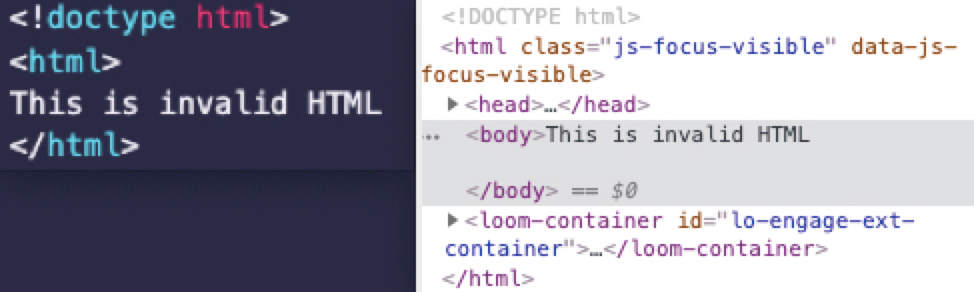 an example of invalid HTML corrected in the DOM tree.