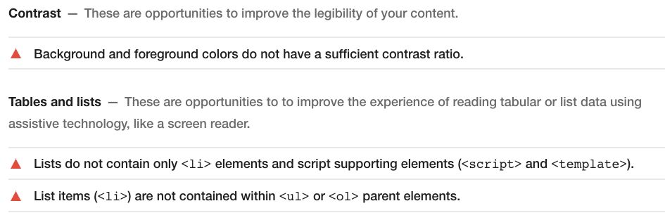 Failing accessibility items.