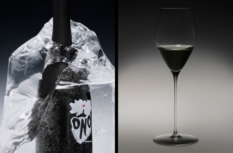 mythology-sake-ono-2024-japan-label-design-bottle-in-ice-and-anddrink-in-glass-image-photography