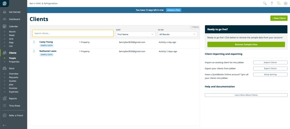 Clients tab on Jobber