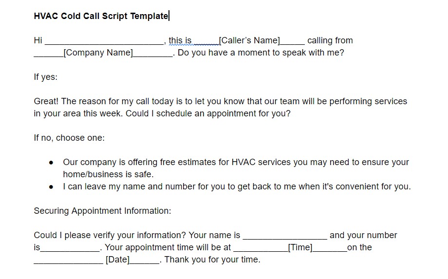HVAC Cold Call Script Template