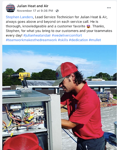 HVAC tech featured in a company Facebook post.