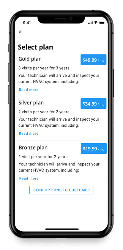 Mobile HVAC maintenance agreement software on an iPhone