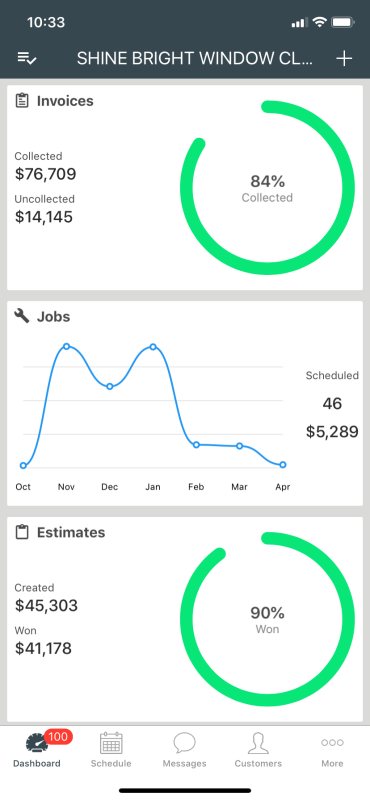Mobile app dashboard on Housecall Pro