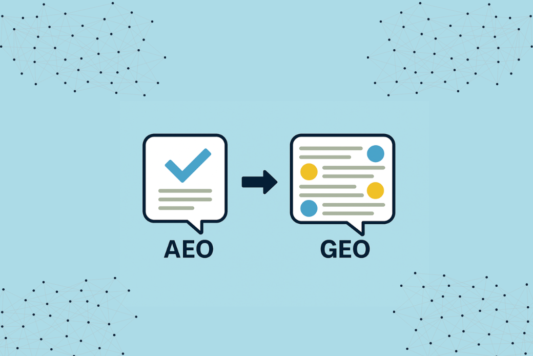 Visual showing the shift from AEO to GEO. AEO is symbolized by a check mark in a speech bubble, while GEO features a chat bubble with multiple lines and dots, representing AI-generated, multi-source responses