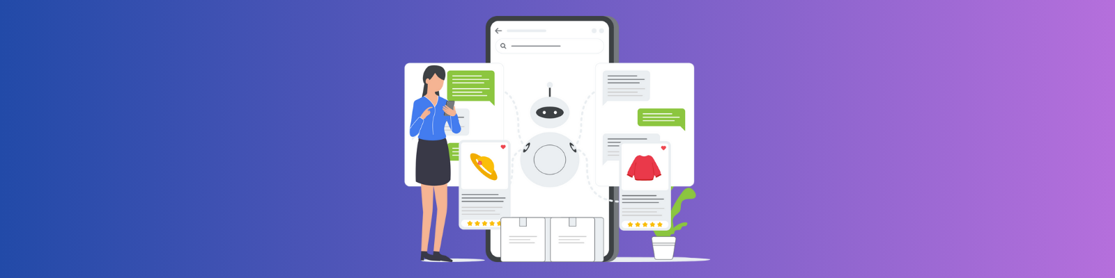 Illustration representing a user interacting with AI to investigate products.