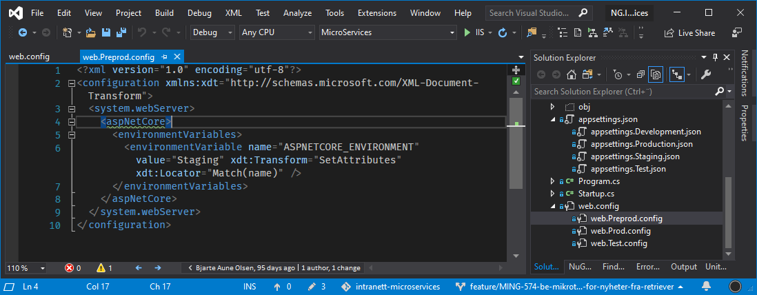 Visual Studio open with project with web.config for all environments