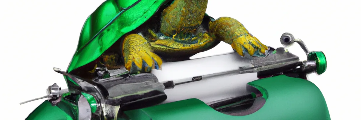 Racing green turle typing on a typewriter