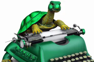 Racing green turle typing on a typewriter