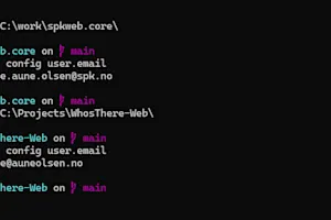 Terminal with git commands to show e-mail used in different project directories