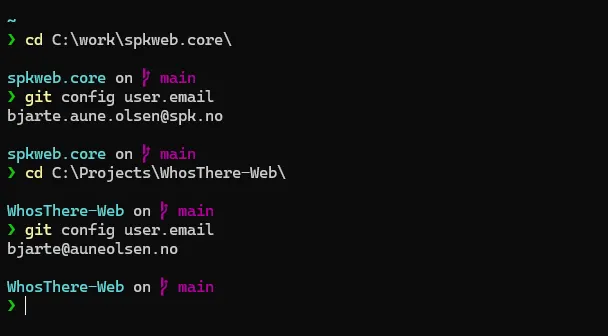 Terminal with git commands to show e-mail used in different project directories