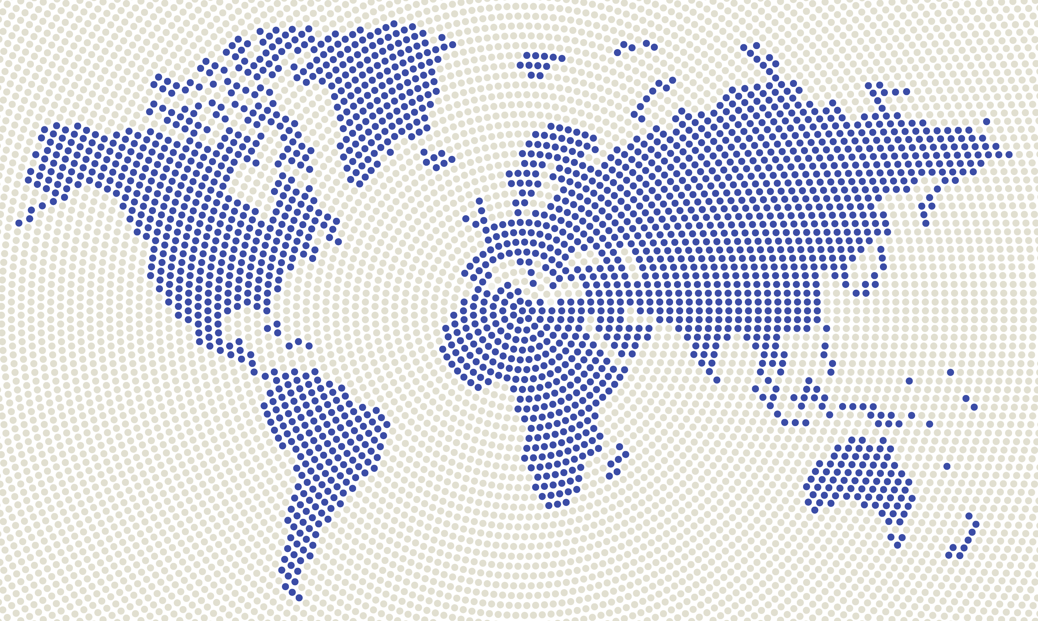 A dotted world map illustration made of, showing continents with a circular dot pattern radiating from the centre.
